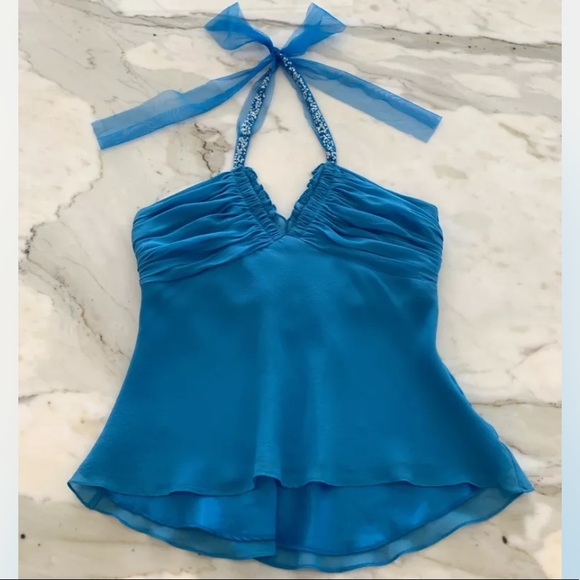 BCBG BLUE SILK EMBELLISHED HALTER TOP SIZE SMALL - Picture 6 of 14